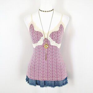 VTG 00s Y2K Loft Pink & Cream Floral Damask Crisscross Lace Trim Cami Top Sz S